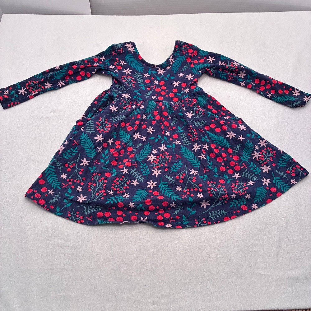 Hanna Andersson Kids Navy Winter Berry Floral Long Sleeve Dress Size 5 110cm